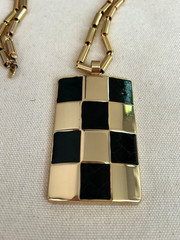 VINTAGE LANVIN PARIS GOLD TONE & BLACK CHECKERED PENDANT NECKLACE