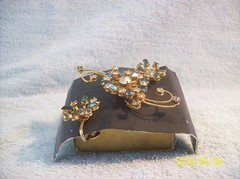 B.N. Signed Vintage Sapphire Blue Rhinestone Earring & Unsigned Brooch