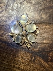 Vintage Joseph Mazer Jomaz Golden Ridged Moonstone Cabochon & Rhinestone Brooch