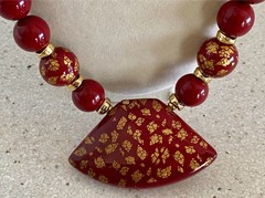 Vintage Japanese Tensha Necklace Hand-painted Beads Burgundy Gold Signed Japan