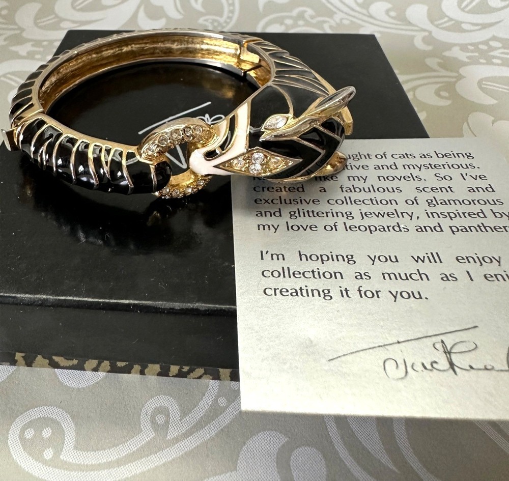 Vintage Jackie Collins Gold Black Enamel Panther Hinged Bracelet Rhinestones