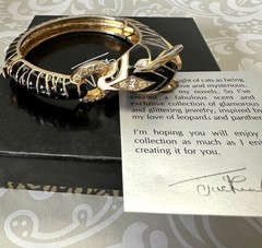 Vintage Jackie Collins Gold Black Enamel Panther Hinged Bracelet Rhinestones