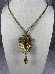 Vintage Amber Glass Gold Tone Scroll Pendant With Heavy Chain 12” Drop Length