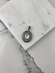 Vintage 925 Sterling Silver Mother Of Pearl Marcasite Deco Oval Pendant
