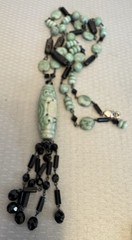 Sterling Silver Carved Jade Cylinder Deco Tassel Necklace Wired Black Glass Bead