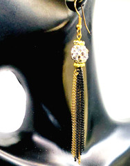 Vintage 1990s 2000s Disco Ball CZ Sparkle Black Gold Chain Tassel NYE Earrings