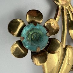 Large Vintage Gold Tone Flower Bouquet Brooch Pin Aqua Blue Lucite 1940s 1950s