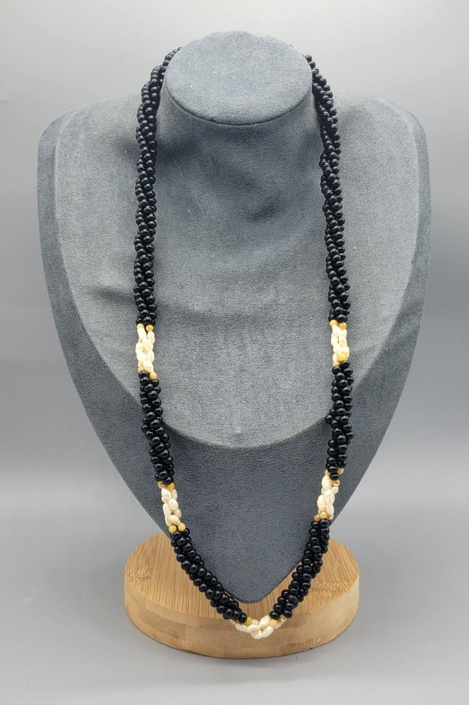 Vintage twisted black beaded small pearl necklace N1D