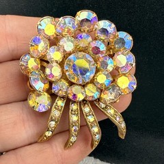Vintage Selro Selini Rhinestone Brooch Gold Tone AB