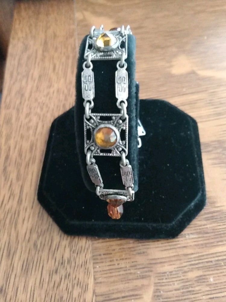 Antique Art Deco Silver Wash Czech Gold Glass 7-8 Inch Link Bracelet Draw String
