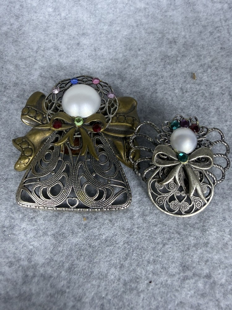 Vintage Angel Brooch Pin Set Filigree Faux Pearl Rhinestone Christmas Pair Retro
