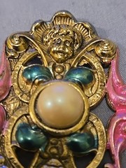 Art Nouveau Style Brooch Pin Cherub Faces Gold Tone and Faux Pearl