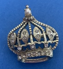 Vintage GoldTone Rhinestone & Faux Pearl Crown Brooch & Earrings Vintage Set I24