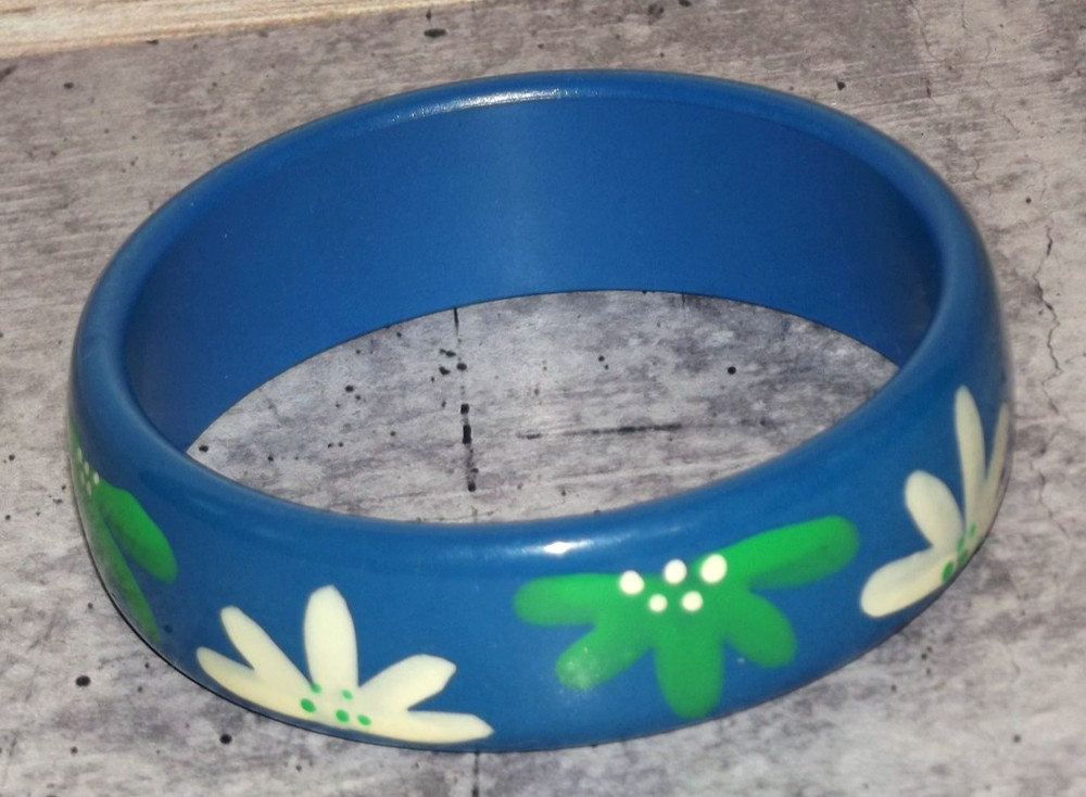Hand Painted Blue Green White Floral Wooden Bangle Bracelet B89