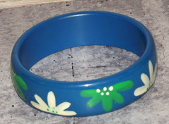 Hand Painted Blue Green White Floral Wooden Bangle Bracelet B89