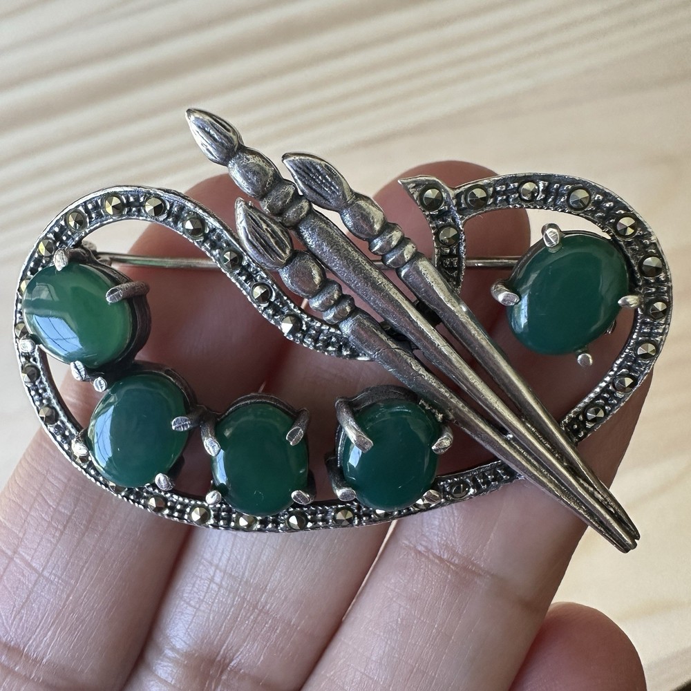 VTG Brooch Pin 2 Inch Jadeite Marcasite Palette Brushes 925 Sterling 11.3g Rare