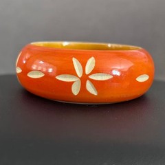 Vintage Carved Wood Bangle Bracelet Orange Hand Painted Floral Boho Ethnic