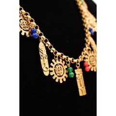 Vintage Tribal Charm Necklace Sun Tiki Mask Beaded Gold Heavy Chunky NOS BinA5