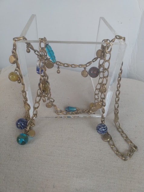VTG Darcy Lee Gold Tone Multi Color Glass Charm Beaded Chain Necklace