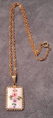 Vintage Guilloche Enamel Pendant Necklace Roses
