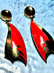 Vintage Designer Berebi Retro Gold Tone & Red Enamel Pierced Earrings, 3..5″