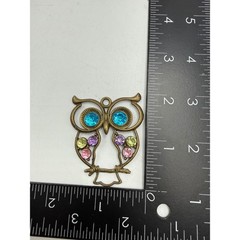 Vintage Bronze Tone Owl Pendant Charm Multi Color Rhinestone Boho Jewelry 2 Inch