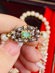 Antique 24″ Pearl Necklace, 18k Diamond Emerald Clasp, Spain Estate, 8 Diamonds