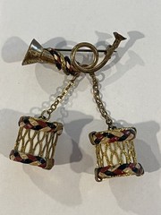 Vintage WW11 Drum & Bugle Sweetheart Pin Patriotic Red White Blue Leather Braid