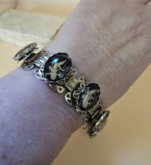 Vintage Siam Thai Dancer Panel Bracelet Black Glass Intaglio 7″ Wide…
