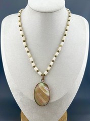 Vintage Mother of Pearl Necklace Iridescent Bezel Pendant Carved Shell 16”