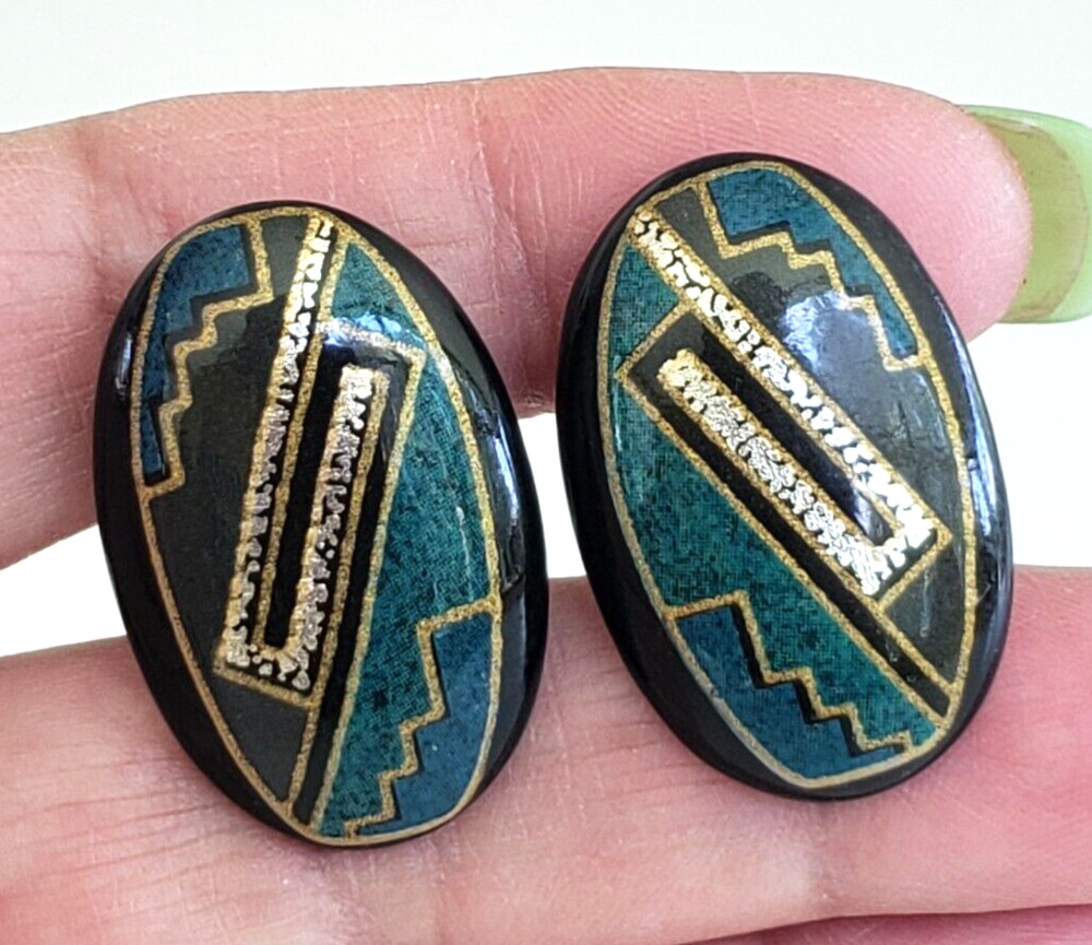 Vintage Art Deco Revival Resin Black Green Oval Pierced Earrings 1-3/16″