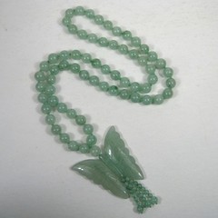 Vintage Jade Butterfly Necklace Jadeite Green Beaded 26 in Beaded Pendant Tassel