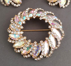 Vintage Gold Tone Rhinestones AB Brooch Pin Clip On Earrings Set Wreath Flowers
