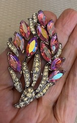 Weiss Signed Vintage AB Hot Pink Marquise Rhinestone Spray Brooch Silvertone 3″