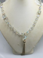 Vintage gold tone heavy sparkl clear AB crystal cut glass tassel necklace 22-25″