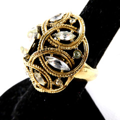 Vintage Crown Trifari Cocktail Ring Dome Shaped Gold Tone Clear Marquise Stones