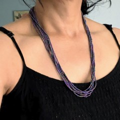 Natural Nepal Glass Seed Bead Multi Strand Necklace. Iridescent Peacock Blue 22″
