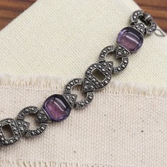 PAJ BB Purple Bracelet Silver Link Art Deco Style Marcasite Glass Amethyst