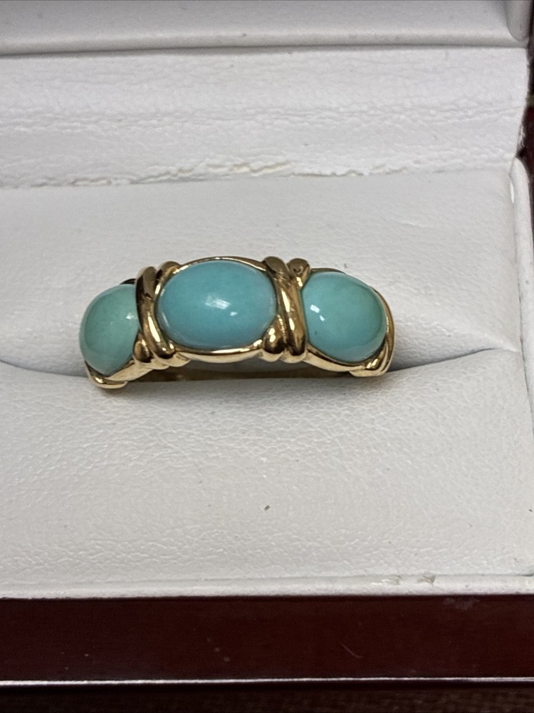 14k Yellow Gold 3 Stone Turquoise Band Ring Sz 6 Weighs 3.3 Grams