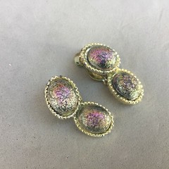 Iridescent Purple Peacock Glass Cabochon Earring Vintage Mid Century Modern Oval