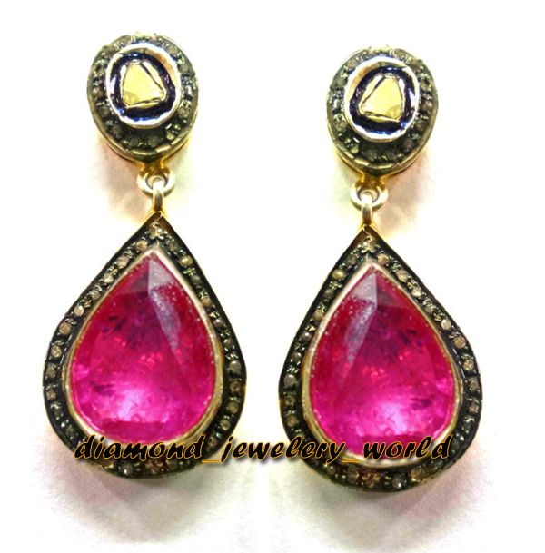 2.25ctw Rose Antique Cut Diamond Ruby Silver Victorian Stunning Earring Jewelry