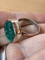 VINTAGE CARVED FLOWER AQUA BLUE GLASS RING 925 STERLING UNIQUE HEXAGON SHAPE