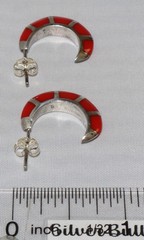 Vintage Southwestern Style Sterling Silver Coral Inlay Half Hoop Post Earrings