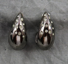 Givenchy Earrings Vintage Black Hematite Hoops Clear Crystal 1.25 in Chunky 847f