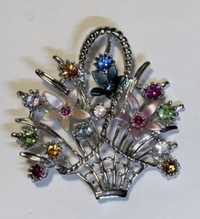 Flower Basket Pin Brooch Silver Tone Enamel Rhinestone Vintage 2” Beautiful!