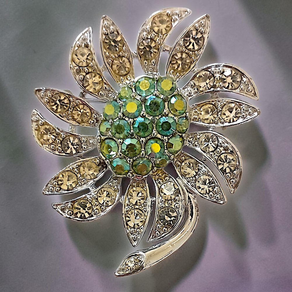 Vtg Sarah Coventry Mountain Flower Brooch Green AB Rhinestones Silver Tone 1968