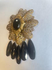 Vintage Dress Clip Gold Tone Black Glass Dangles 3.5 inches Statement