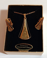 Vtg Art Deco Genuine Diamond Dust Necklace & Clip Earring Set, Gold Plated, NIB