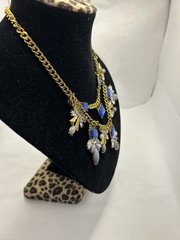 Art Deco Rhinestone Bib Necklace Adjustable length Blue Tones Statement Piece
