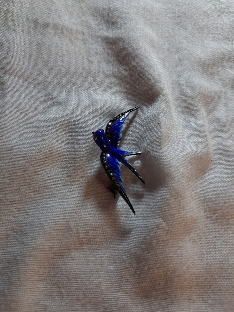 Antique Blue Enamel Sterling (Hallmarked) Swallow Brooch Made in Germany